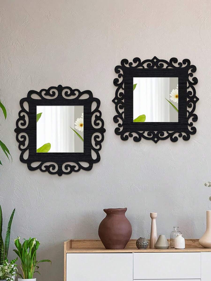 1/2pcs Vintage Square Wall Decor Mirror, Hollow Floral Pattern Mirror Wall Hanging Decor With Wooden Frame, Multiple Colors Available For Living Room, Bedroom, Dining Room, Bathroom, Unique Decorative Mirror, Distinctive Gift For Birthday, Holiday, Graduation, Mother's Day