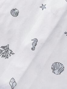 HOREA 2pcs/Set Cute Seahorse & Shell Print Women Sleepwear Set, Short Sleeve Lapel Cardigan Top And Elastic Waist Shorts For Casual Wear, 4-Season Ladies Pajama & Loungewear - Black - View 3