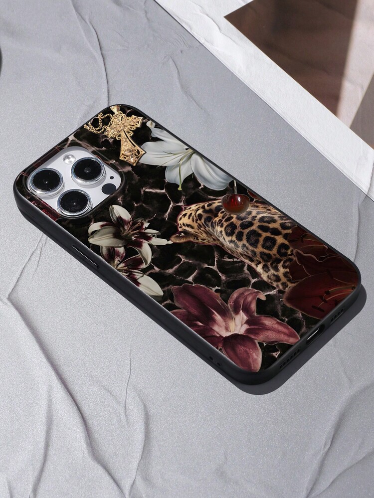 Funda de teléfono con elemento de flor negra de moda, 1 pieza, material IMD transparente negro con cámara y patrón de lirio leopardo, compatible con iPhone13, 14 Pro Max, 11, regalo de primavera, versión internacional, no la versión nacional - Multicolor - Añade 5