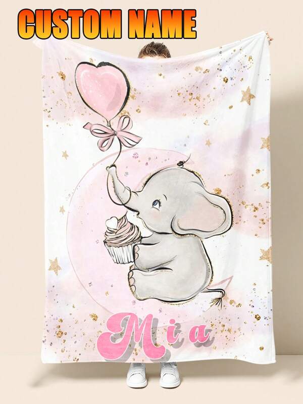 1pc Custom Personalized Color Name Throw Blanket, With Pink Balloon Elephant Blanket For Girl Boy Great Holiday Gift For Daughter,Son,Classmates, Friends,Super Soft Warm Gorgeous Cozy, For All Seasons, Suitable For Indoor, Camping, Air-Conditioned Room, Sofa, Living Room,Bedroom,Home,Halloween, Ideal Gift For Children's Day, Christmas, Birthday