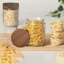 Kitchen Glazed Canister For Dry Fruits & Snacks, Large Capacity Food Storage Container With Airtight Wooden Lid