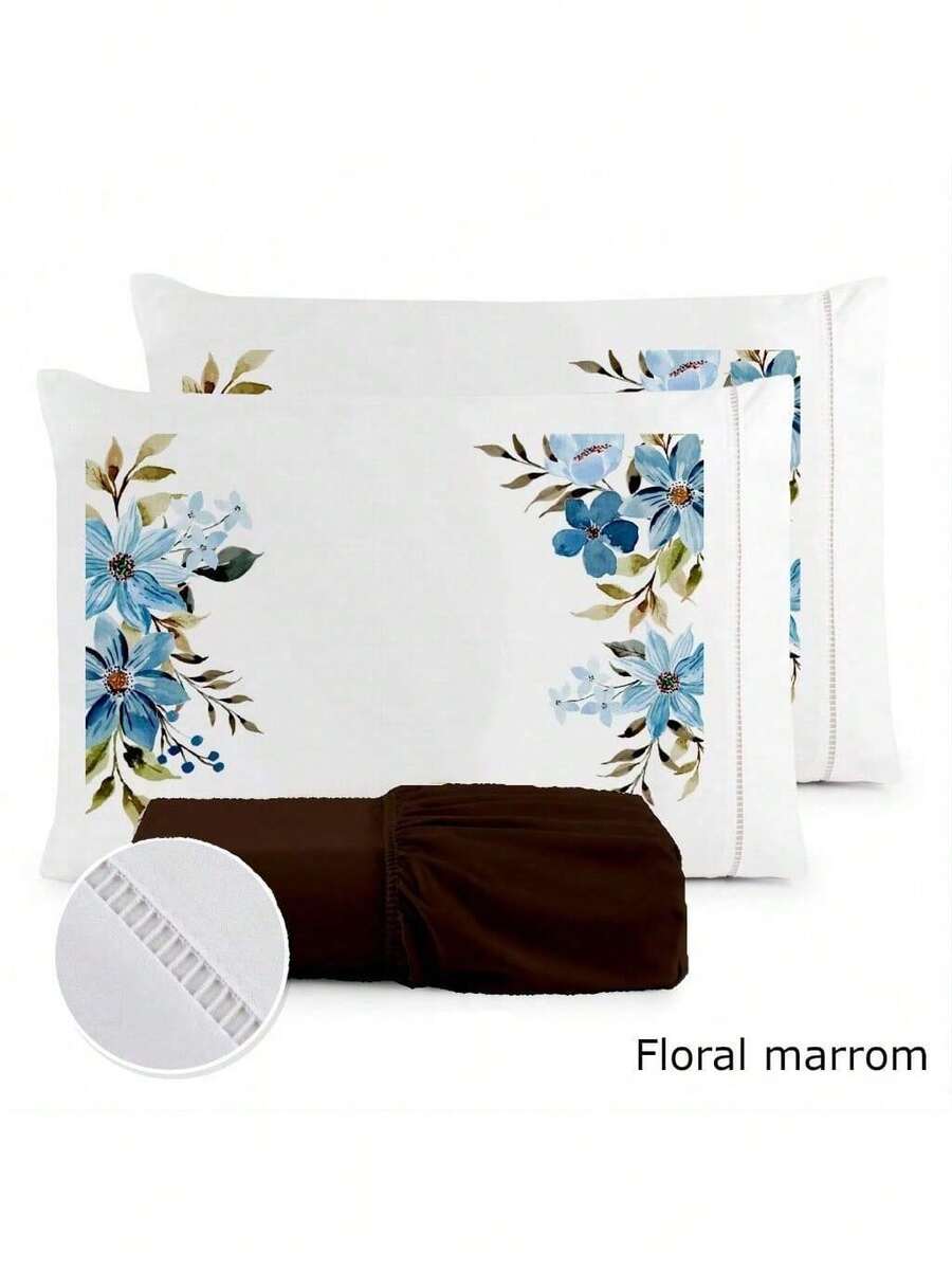 3-Piece Sheet Set 400 Thread Count For Queen King Single Bed Micropercal - 棕色花朵 - 查看 1