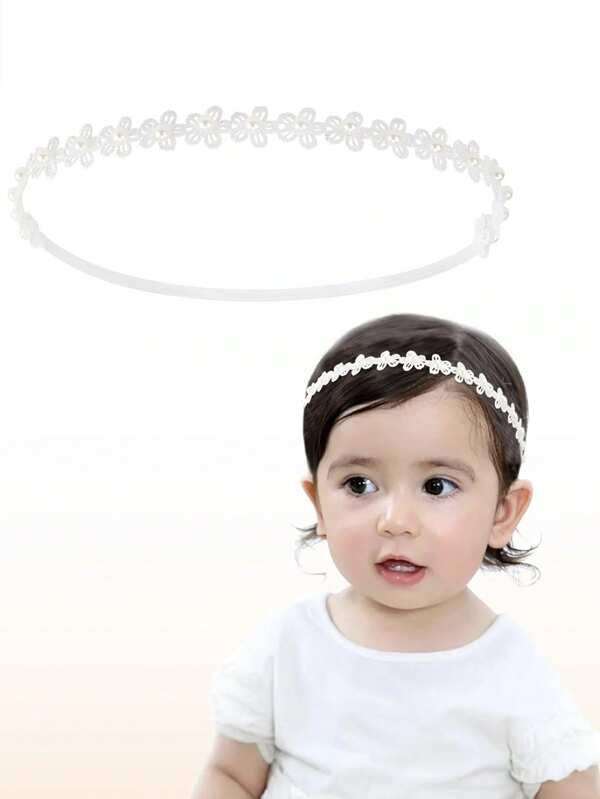 1pc Headband For Baby Girl, White Lace Baby Headband Baptism Hair Accessories For Baby Girls, White Newborn Bow Flower Christening Headband With Pearl For Baby Girl Toddlers