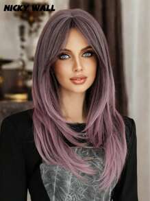 NICKY WALL Ombre Pink-Purple Wigs Long Straight Layered Wig With Curtain Bangs Soft Natural Looking High Density Wig Synthetic Heat Resistant Fiber Wigs For Women & Girls Daily Party Four Seasons Use