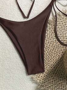 女士时尚比基尼套装，性感沙滩基本款系带时尚女士夏季海滩度假泳装 - 咖啡棕 - 查看 5