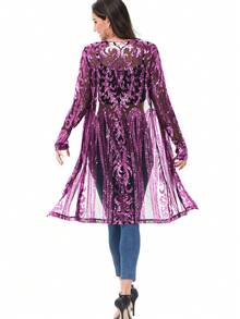 Women's Sparkly Sequin Cardigan Long Sleeve Open Front Glitter Kimono - 紫色 - 查看 2