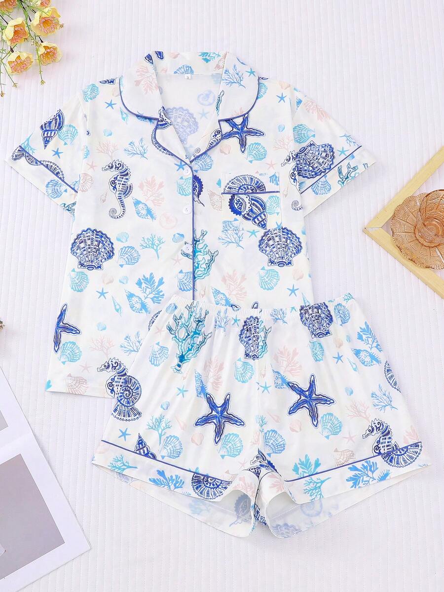 HOREA 2pcs Sets Summer Ocean Style Starfish Shell Print Women Pajama Sets, Short Sleeve Lapel Top And Loose Elastic Shorts, Casual Sleepwear And Spring Homewear Outfits, Cool Light Blue - 藍色 - 查看 1