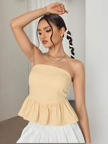 Blusa sin tirantes con pliegues lisos y dobladillo fruncido - Albaricoque - Ver 5
