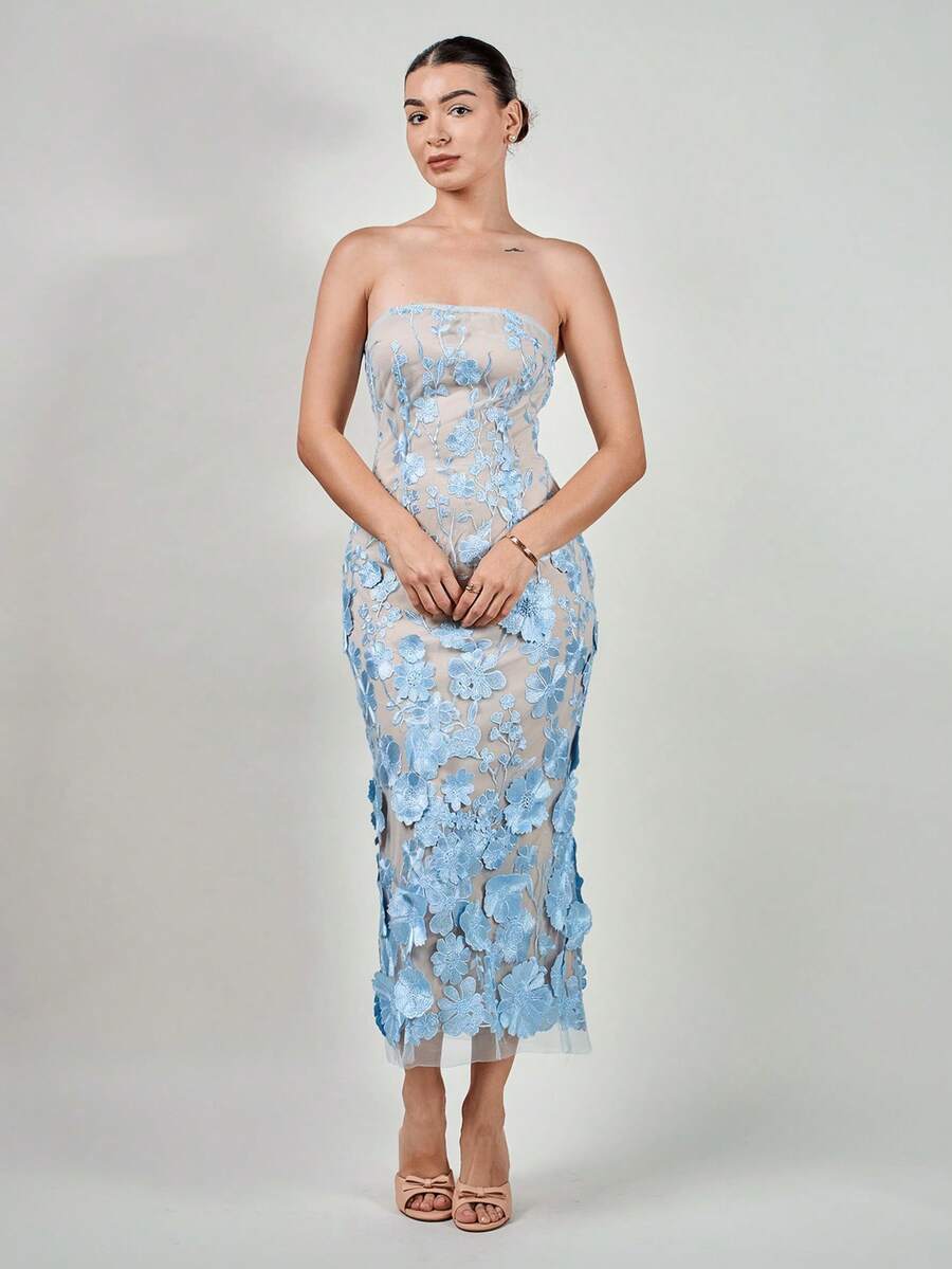 Andrea Bello 女士刺绣 3D 花卉抹胸中长连衣裙，适合派对/约会