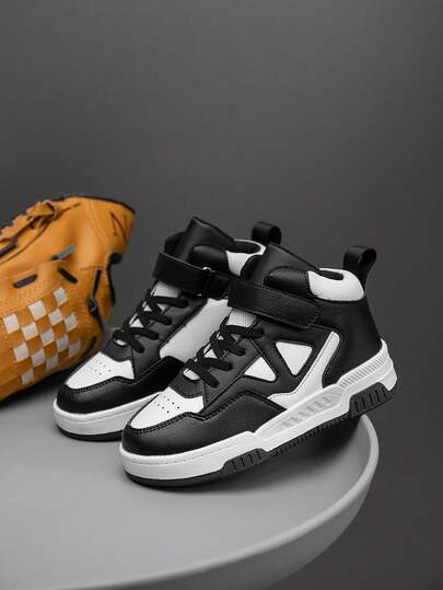 1 双儿童高帮运动鞋，PU 皮革，室内/户外休闲跑鞋，易穿，钩环扣，轻便，防滑，透气，舒适，时尚校园风格，男女混合颜色