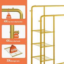 JOISCOPE Wide Clothes Rail 66.9 * 47.2 Inch Clothing Rack For Bedroom Clothes Rack With 2 Hanging Rails 4 Hooks 4 Side Shees And Bottom Shee Clothes Rack For Storing Shoes And Clothes Gold - Gold1 - View 6