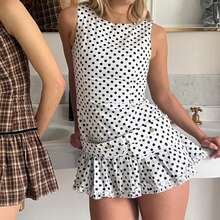 Women Summer Mini Dress Sleeveless Ruched Ruffle Layered Hem Bodycon Short Dress Slim Fitted Party Cocktail Dress Plaid/Polka Dots Print Crew Neck Casual Sundress - Putih - View 2