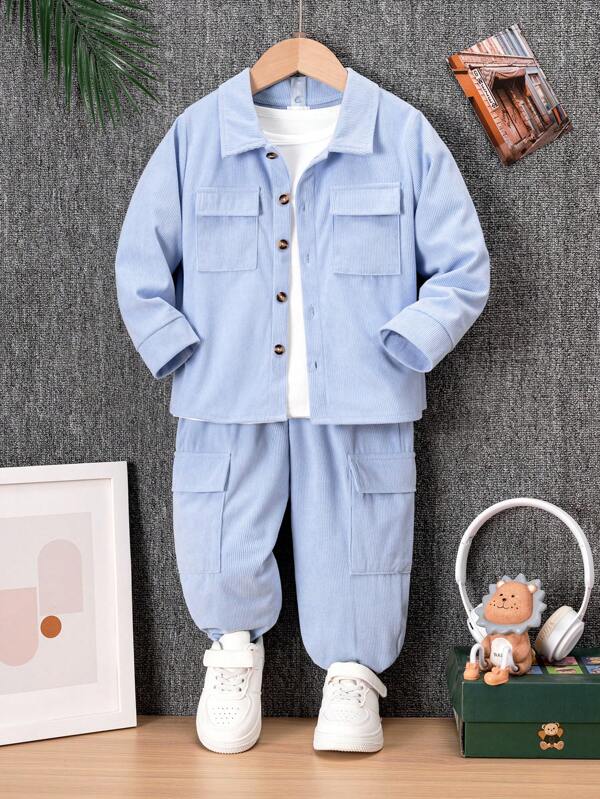 Set de 2 bucăți pentru băieți, catifelat, casual, cu mai multe buzunare, cămașă cu mânecă lungă și pantaloni lungi cu buzunare cu clapă, potrivite pentru ocazii de zi cu zi, petreceri, vacanțe