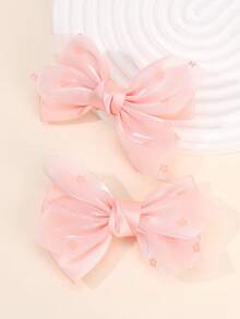 2pcs Pink Mesh Hair Bows For Girls Flower Pattern Ribbon Bow Hair Clips Sweet Princess Alligator Clips Hairpins Daily Barrettes Kids Baby Hair Accessories - Pink - View 2
