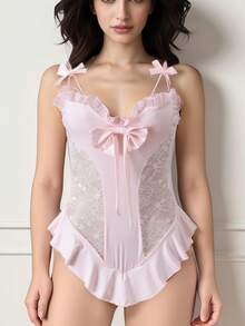 Women's Lace See-Through Ruffled Hem Pajamas With Bow Back Button Closure, Sexy One-Piece Sleepwear - Apricot - View 1