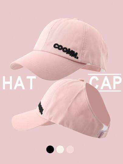 Women's Baseball Cap With Letter Embroidery, Ponytail Hole, Semi-Open Top, Versatile Sun Hat For Summer