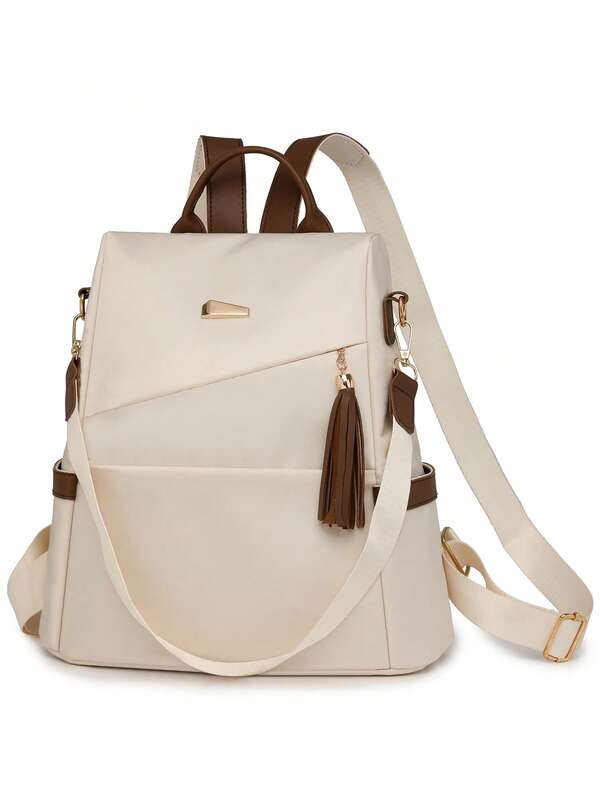 New Fashion High-Capacity Stylish Korean Vintage Casual Minimalist Lightweight Versatile Women Backpack With Tassel Pendant, Adjustable Shoulder Strap, Suitable For Travel, Shopping, Dating, Gifts For Ladies, Suitable For Teenage Girls, College Students, Beginners And White-Collar Workers, Ideal For Office, Academy, Work, Business, Commuting, Outdoor, Travel, And Hiking