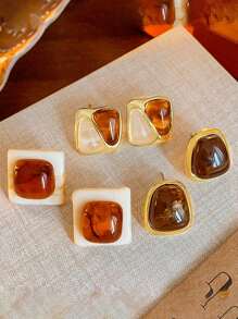 3 Pairs Vintage Amber-Color Resin Alloy Ear Studs, Suitable For Women's Daily Wear Jewelry, Christmas Gift, Holiday Gift, Singles Party Gift