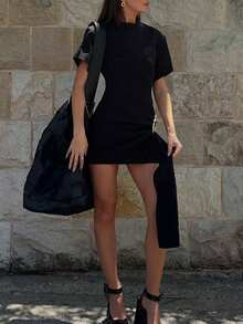 女士春夏连衣裙套装，时尚束腰中长连衣裙，优雅收腰A字迷你连衣裙，派对连衣裙，女士度假装，时尚女士度假套装 - 黑色 - 查看 7