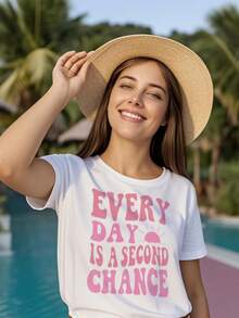 Slogan Print Casual T-Shirt For Women, Minimalist Fashion Vacation Daily Wear, Solid Color - White - View 3