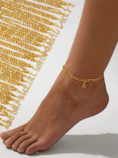 1pc Fashionable Sexy Elegant NK Rhinestone Inlaid 26 English Letter Stainless Steel 18K Gold Plated Anklet Jewelry, Suitable For Women Daily And Beach Wear