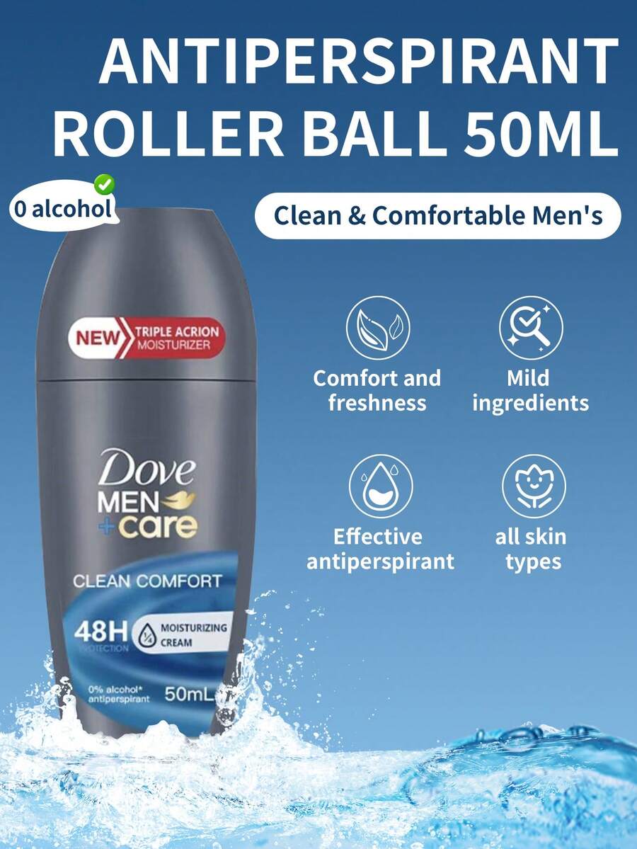 Dove 1支50毫升多芬男士+护理长效止汗走珠香体露，1/4滋润配方，不含酒精，速干，48小时止汗除臭，适合剃须后及日常通勤使用。