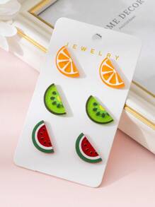 3 paires/set Boucles d'oreilles à clous pour femmes avec motifs de fruits orange, kiwi, pastèque, convient pour un port quotidien et les vacances à la plage