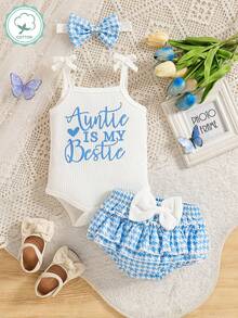 3Pcs/Set New Fashion Summer Baby Girl Sleeveless Bow Headband & Butterfly Ruffle Shorts, Girls Accessories - Blue - View 1