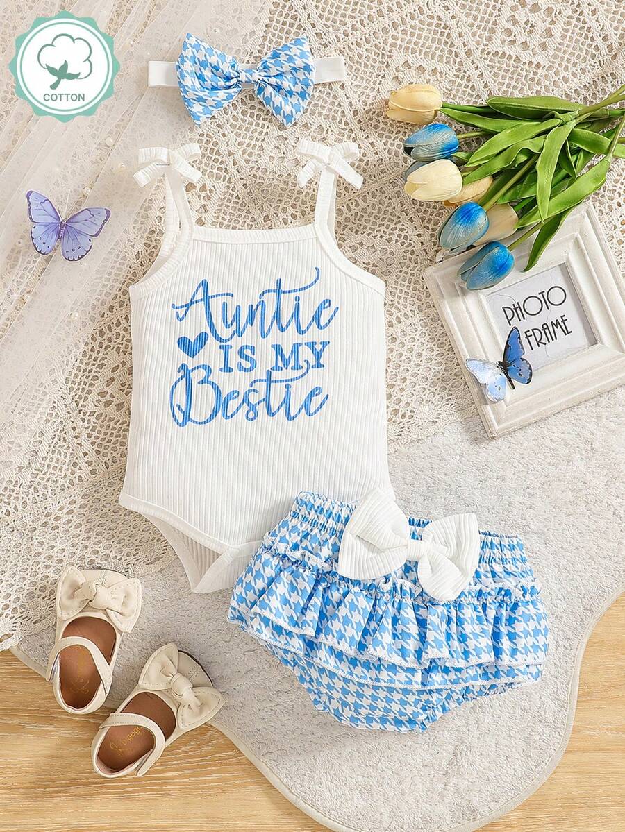 3Pcs/Set New Fashion Summer Baby Girl Sleeveless Bow Headband & Butterfly Ruffle Shorts, Girls Accessories - Blue - View 1