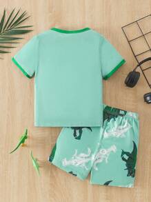 2 pièces Ensemble de pyjama d'été pour tout-petits garçons, t-shirt à col rond et short imprimés dinosaures, mignons et frais