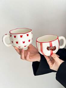1pc Handpainted Asymmetrical & Asymmetric Ceramic Mug, High-Aesthetic Line Art Devil & Bear Style, Large Capacity Drink Cup For Home, Breakfast, Milk, Coffee, Graduation, Birthday, Holiday Gift For Girlfriend/Boyfriend