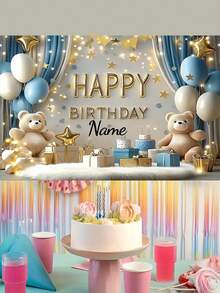 1 件可定制名字生日派对横幅，涤纶可爱熊蓝色窗帘礼物摄影背景，个性化婴儿送礼会装饰，适用于家庭聚会、婚礼、生日、圣诞节、感恩节、秋季、入口、房间装饰，易于安装，可重复使用，无需电源 - 彩色 - 查看 5