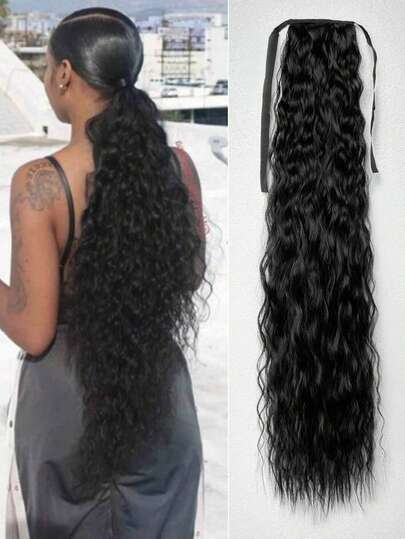 Long Curly Ponytail Extension 32 Inch Black Color Wrap Around Clip In Hair Synthetic Fiber For Women Daily Use