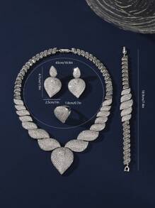 Set 4 piese Zirconiu cubic alb Colier în formă de inimă, cercei, inel, brățară Set de bijuterii, Suită de bijuterii de mireasă de lux pentru Dubai