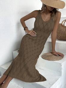 Women's Casual V-Neck Solid Color Crochet Slit Hem Dress, All-White Summer, Cream Yellow Back To School Autumn, Dignified Long Party Dress For Autumn/Winter (Pattern Random)