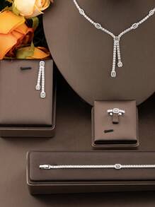 1 conjunto de joias retangulares de zircônia cúbica elegantes e luxuosas de alta qualidade, adequadas para casamentos e banquetes femininos, incluindo 1 par de brincos, 1 colar, 1 pulseira, 1 anel, sem caixa de presente