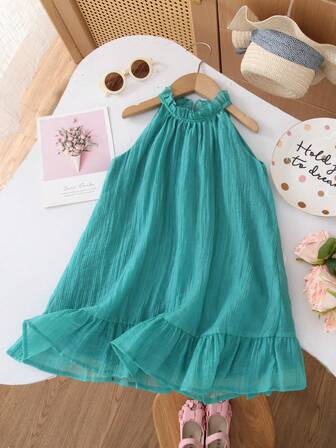 Humor Bear Young Girl' Casual Fashion Peacock Green Sleeveless Halter Neck Dress, Summer