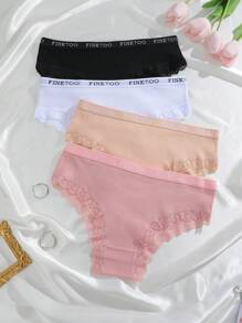 Conjunto de 4 piezas de ropa interior de algodón acanalado cómodo con diseño de cinturón con letras y encaje para mujer
