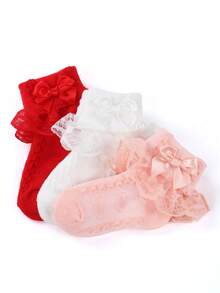 2pairs/3pairs Girls Ruffle Frilly Socks, Puffy Princess Baby Toddler Soft Socks; 0-2Y Girls' Short Socks With Lace Ruffle. Comfortable Princess Socks For Newborns;Handmade Bow Baby Socks - Multicolor - View 11