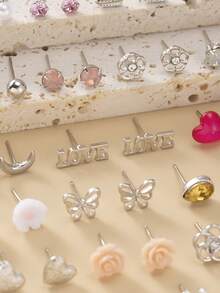 1 Set Of 30 Pairs Of Stud Earrings Set Ladies Faux Pearl Heart Artificial Crystal Pink Girl Flower Letter Butterfly Snowflake Holiday Gift Earrings Valentines,Mom,Mother,Mother's Day,Gift - Multicolor - View 9