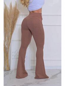 Calça Feminina Flare Cintura Alta Boca Sino com Lycra  Efeito Empina Bumbum Premium Luxo - Bege-Escuro - Visão 8