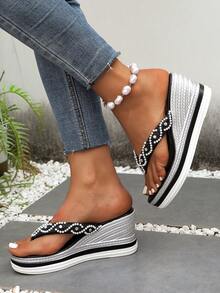 Sandali con zeppa da donna con decorazioni in perle, stile bohémien, punta aperta, fondo spesso, alla moda e versatili