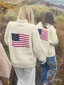Women American Flag Sweater Cardigan 4th Of July Outfits Star Stiped Print Long Sleeve Button Down Open Front Knit Cardigans Patriotic Graphic Kintted Jacket Coat Independence Day Clothes Streetwear - 白色 - 查看 3