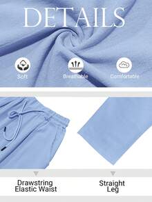 TRFIC Mens Casual Linen Pants Loose Fit Elastic Drawstring Waist Straight-Legs Summer Yoga Beach Long Pants - 藍色 - 查看 4