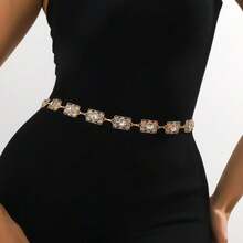 Boho Style Carved Gold & Silver Color Adjustable Chain Belt, Classic Body Jewelry, Suitable For Women Daily Wear - Flower Type - View 1