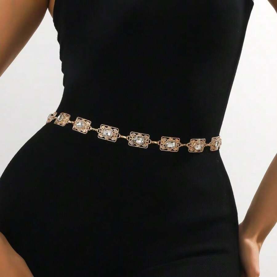 Boho Style Carved Gold & Silver Color Adjustable Chain Belt, Classic Body Jewelry, Suitable For Women Daily Wear - Flower Type - View 1