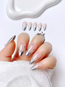 10Pcs Handmade Press On Nails Kit Almond Transparent Silver Wave Point Bling Glitter Glistening Iridescent Luxurious Rhinestone Decor Elegant Minimalist Old Money Japanese Style Modern Korea Style Fresh Design Nail Supplies Nails