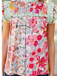 Boho Retro Vintage Viscose 90's Rose Red Pink Mint Ruffle Panel Cap Sleeve Loose Top Shirt Blouse - 藍色花 - 查看 5