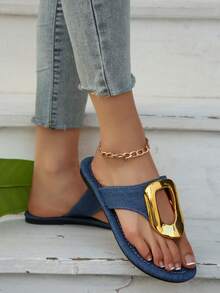 女士豹纹印花一脚蹬人字拖，金属扣装饰舒适平底沙滩凉鞋 - 牛仔藍 - 查看 3