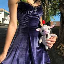Womens Gothic Lolita Dress Velvet Camisole Dresses Sleeveless Spaghetti Strap Punk Grunge Emo Dress Goth Alt Witchy Fairy Dress Ruffle V-Neck Lace Trim Bowknot One-Piece Halloween Costumes - 紫色 - 查看 7